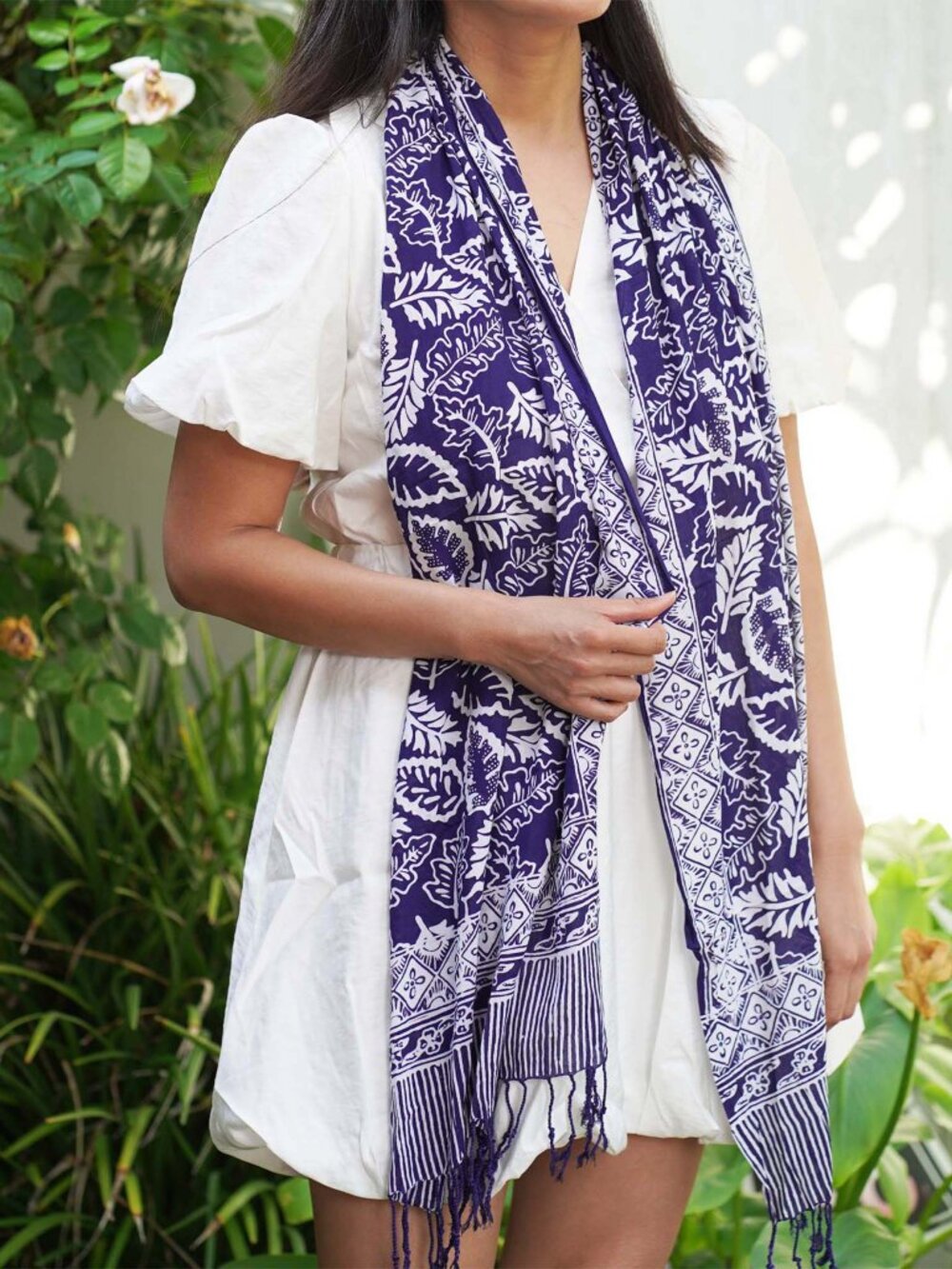 Hand Dyed Batik Scarf, Blue Leaves, 100% Cotton Wrap